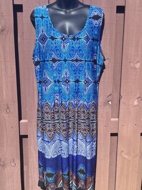 Elementz Scoop Neck Sleeveless Dress in Blue, Aqua, White & Black Midi Size 1X